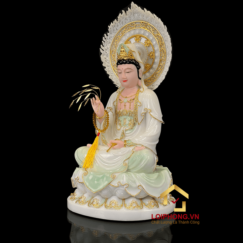 Tượng Phật Quan Âm bằng bột đá trắng có hào quang cao 40,48,65 cm 5