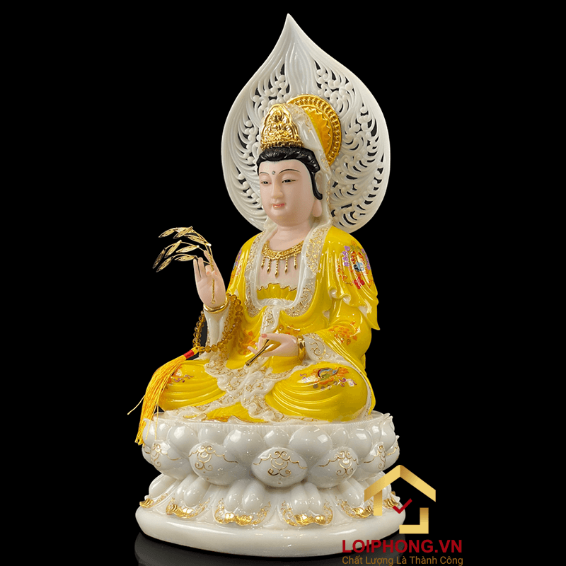 Tượng Phật Quan Âm bằng bột đá áo vàng vẽ gấm viền vàng cao 40 cm 3