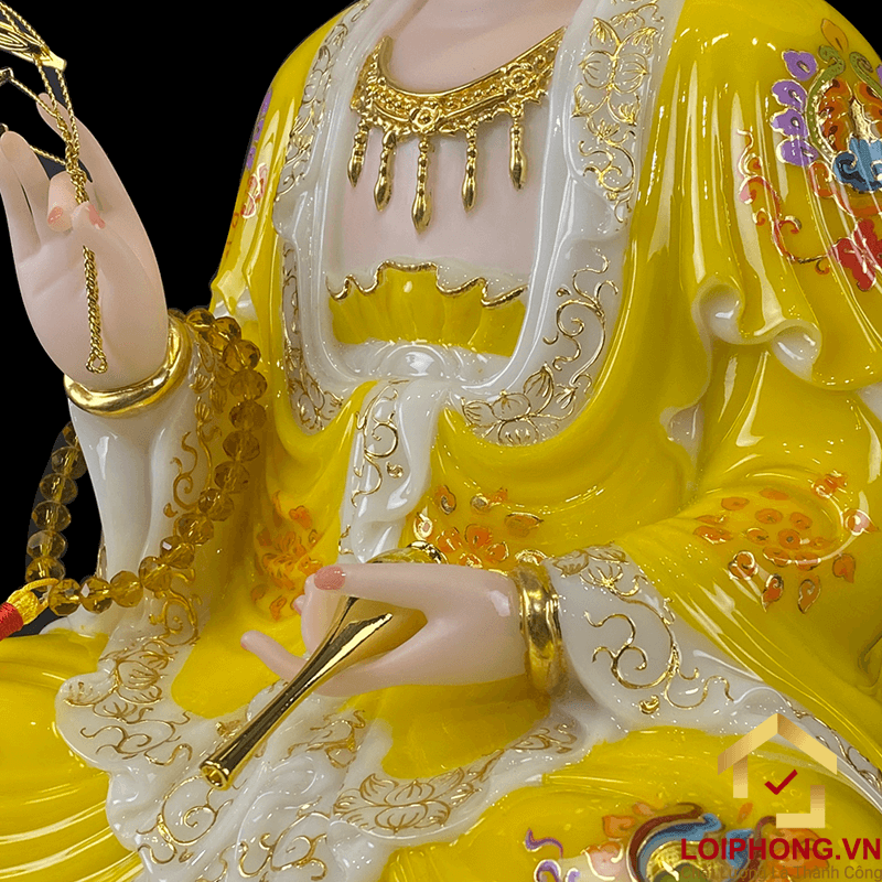 Tượng Phật Quan Âm bằng bột đá áo vàng vẽ gấm viền vàng cao 40 cm 4