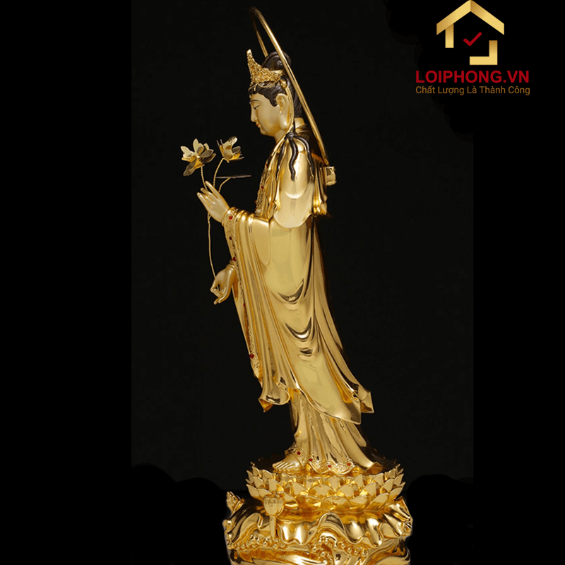 Tượng Phật Quan Âm đứng bằng đồng dát vàng ấn bảo cao 48-106 cm 3