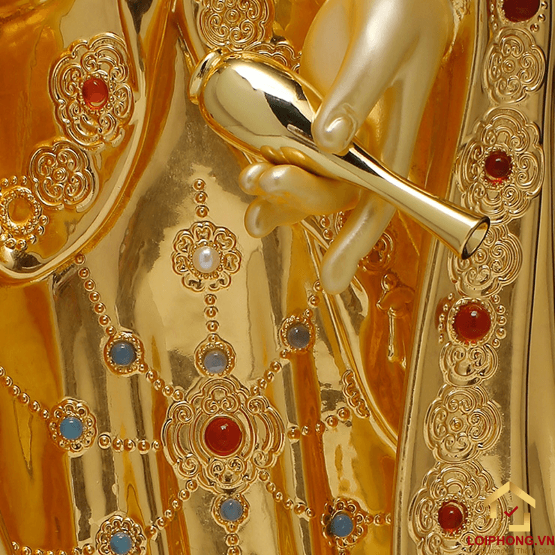Tượng Phật Quan Âm đứng bằng đồng dát vàng ấn bảo cao 48-106 cm 4