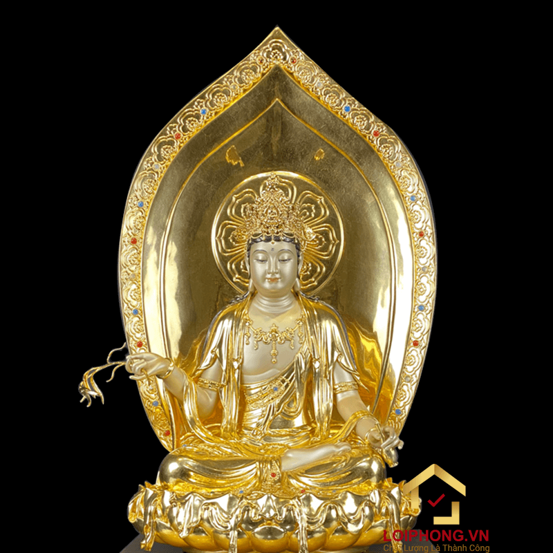 Tượng Phật Quan Âm ngồi đế kim cang bằng đồng dát vàng cao 65-91 cm 2