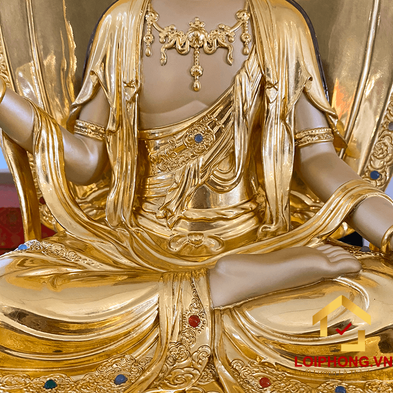 Tượng Phật Quan Âm ngồi đế kim cang bằng đồng dát vàng cao 65-91 cm 4