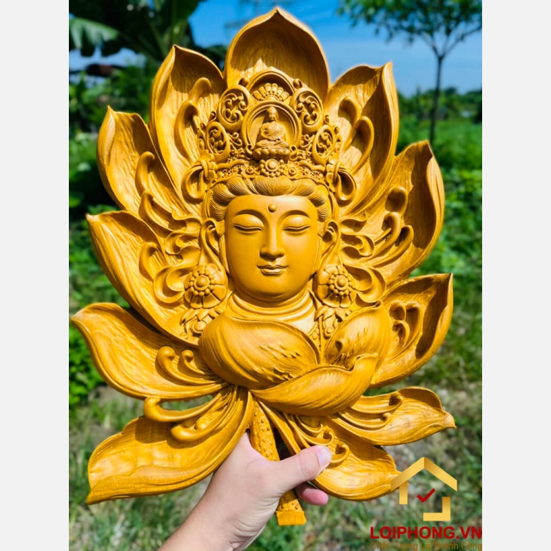 Diện Phật Quan Âm treo tường bằng gỗ gõ vàng kích thước 47x35 cm 3