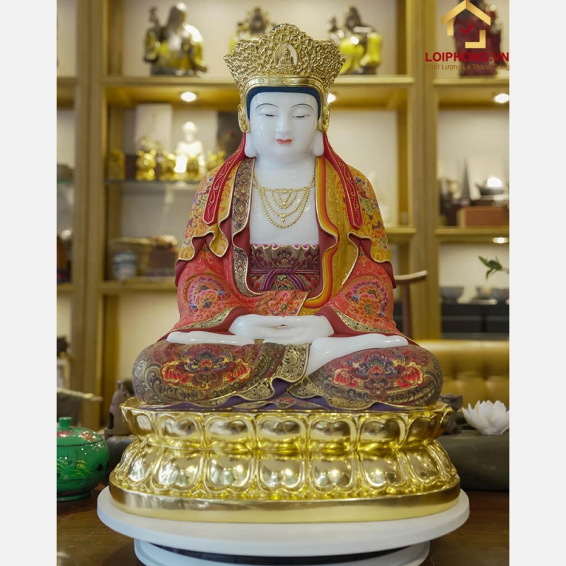 Tượng Phật Quan Âm Tỳ Lô bằng đá Bạch Ngọc tự nhiên vẽ gấm dát vàng 1
