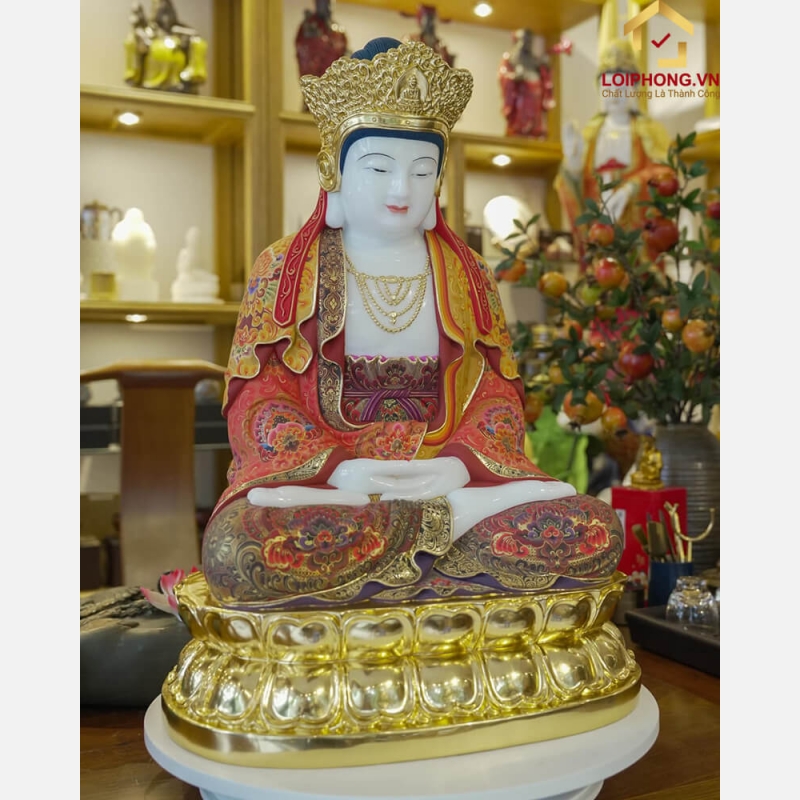 Tượng Phật Quan Âm Tỳ Lô bằng đá Bạch Ngọc tự nhiên vẽ gấm dát vàng 5