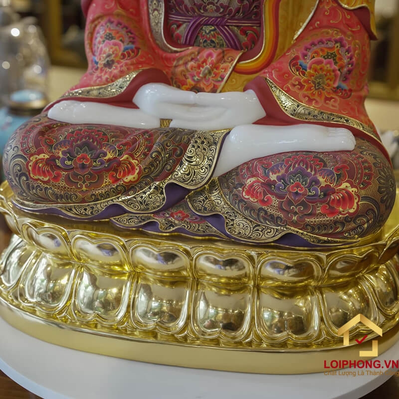 Tượng Phật Quan Âm Tỳ Lô bằng đá Bạch Ngọc tự nhiên vẽ gấm dát vàng 6