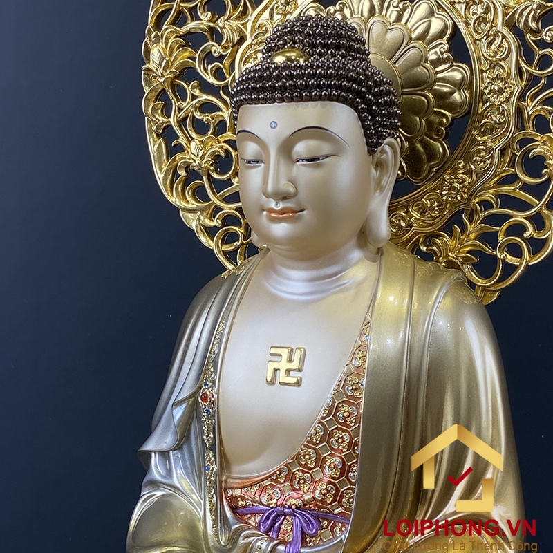 Tượng Phật A Di Đà bằng đồng ngồi đài sen ấn ấn bảo có lá đề cao 48 cm 2