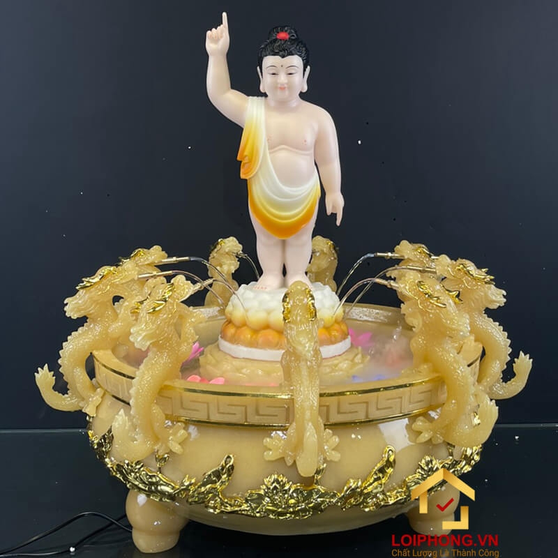 Chậu tắm Phật Đản Sanh cao cấp bằng bột đá thạch anh viền vàng (chưa bao gồm tượng) 6