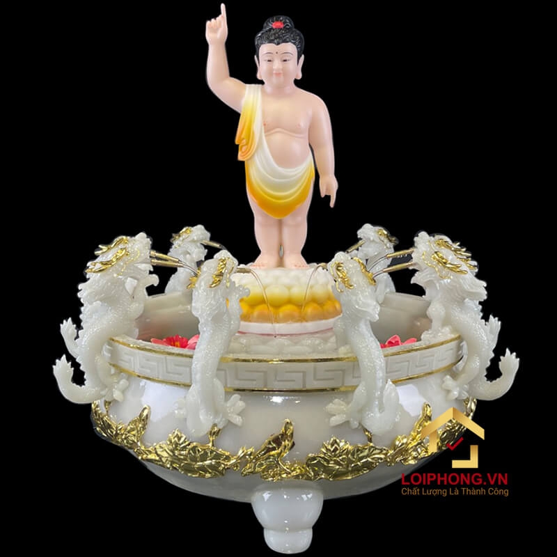Chậu tắm Phật Đản Sanh cao cấp bằng bột đá thạch ngọc viền vàng (chưa bao gồm tượng) 6