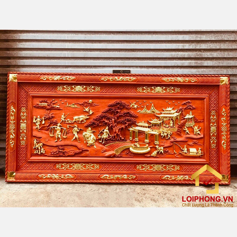 Tranh đồng quê dát vàng gỗ hương đỏ kích thước 217 cm x 107 cm x 6 cm 1