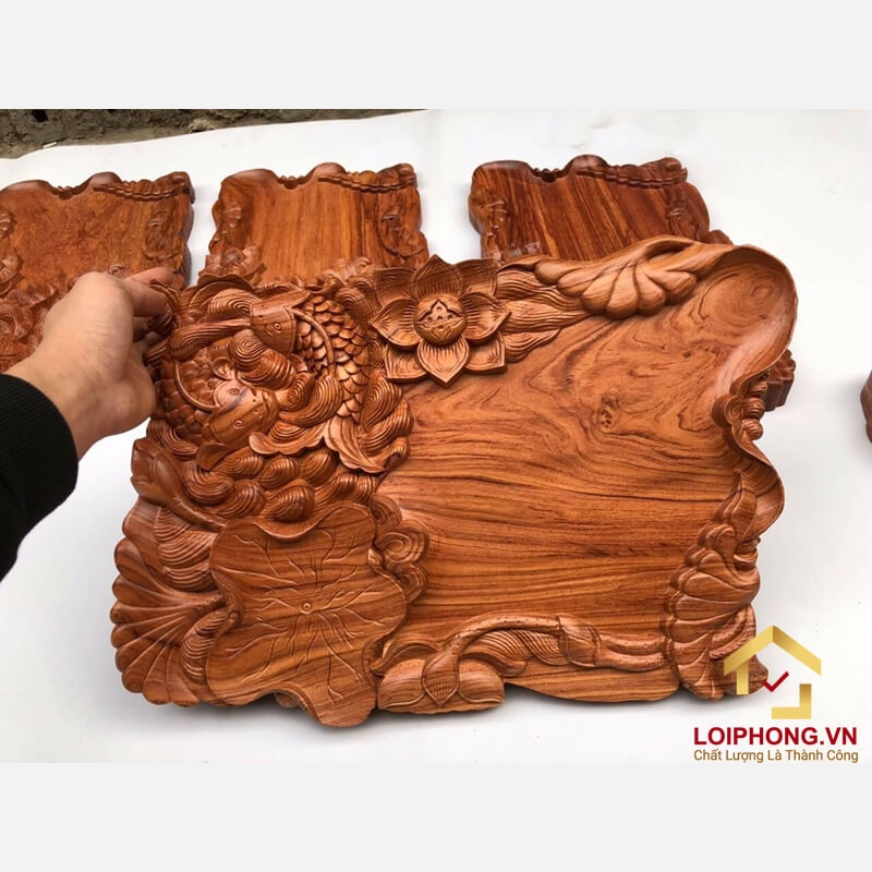 Khay trà gỗ nguyên khối sen cá dài 60 x rộng 35 x dày 4 cm