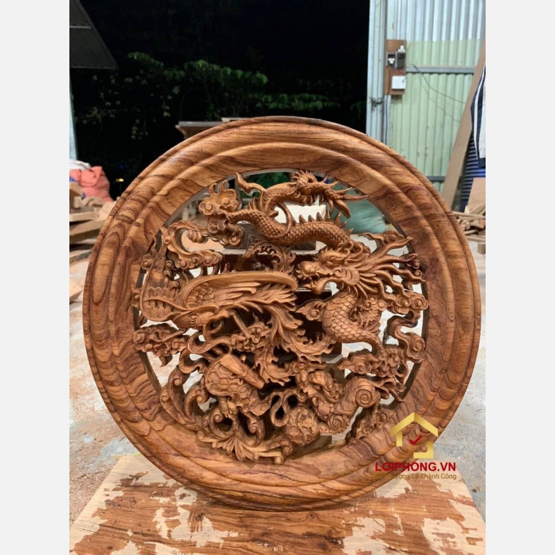 Đĩa gỗ phong thủy tứ linh bằng gỗ hương đường kính đĩa 35 - 40 cm dày 4 cm