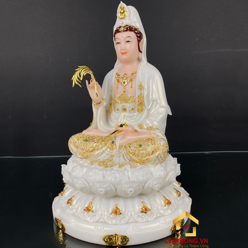 Tượng Phật Quan Âm ngồi đài sen đá trắng viền vàng 30 - 40 - 48 cm