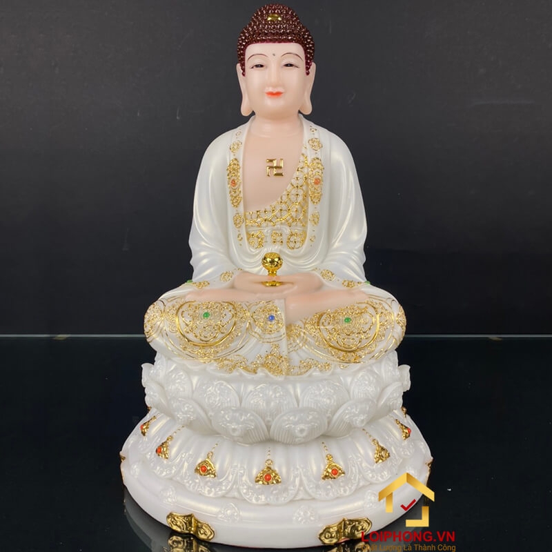 Tượng Ta Bà Tam Thánh bột đá trắng viền vàng cao 30 – 40 – 48 cm