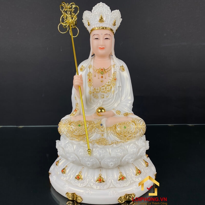 Tượng Ta Bà Tam Thánh bột đá trắng viền vàng cao 30 – 40 – 48 cm