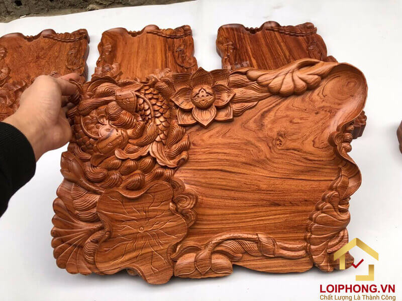 Khay trà gỗ nguyên khối sen cá dài 65 x rộng 35 x dày 4 cm