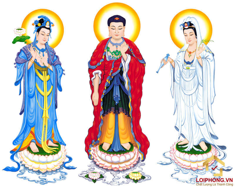 Theo bộ tượng Tây Phương Tam Thánh Đại Thế Chí Bồ Tát được mô tả trong tư thế tay cầm hoa sen xanh đứng bên phải Đức Phật