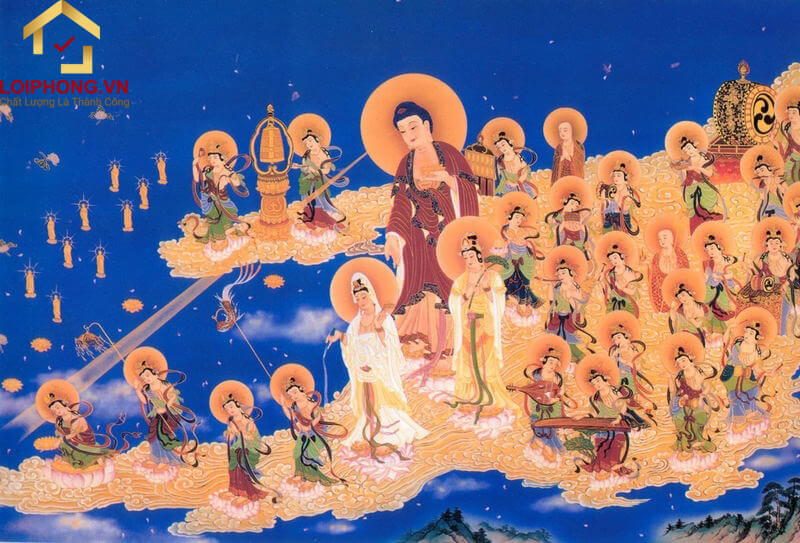 Phật A Di Đà trong tư thế đứng với tay của ngài làm ấn giáo hoa